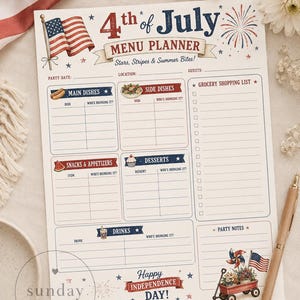 May include: A 4th of July menu planner printed on cream paper with red, white, and blue patriotic graphics including an American flag, fireworks, and a wagon. The form features sections for main dishes, side dishes, snacks, desserts, drinks, and a grocery list.