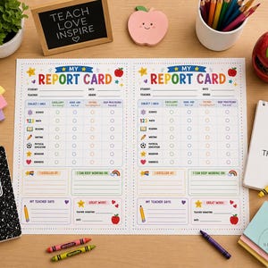 Puede incluir: Dos hojas idénticas de My Report Card con encabezados coloridos, listas de materias que incluyen ciencias, matemáticas, lectura, escritura, educación física, comportamiento y amabilidad, con espacios para estudiante, profesor, fecha y notas.