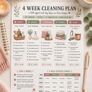 Könnte beinhalten: Ein gedruckter Reinigungsplan mit floralem Design. Der Plan ist in Abschnitte für jeden Wochentag unterteilt, mit Aufgaben für jeden Bereich des Hauses, wie Küche, Badezimmer und Schlafzimmer. Der Plan enthält ein 4-Wochen-Rotationsbeispiel.