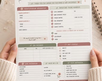 Utskrivbart informationsblad för barnvakt | Kontaktformulär för nödsituationer | Informationssida för barnvakt | Nödplanerare för familjen