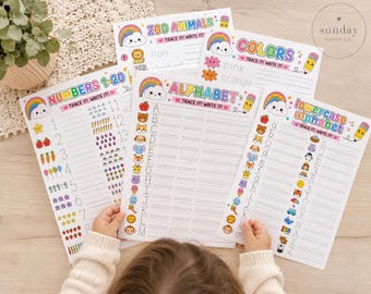 Bundel met overtrekwerkbladen voor kinderen | Afdrukbare pdf met handschriftoefeningen voor kleuters