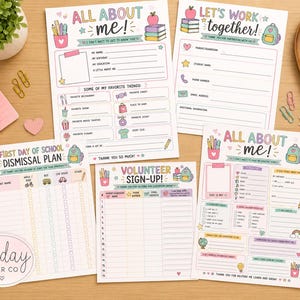 May include: A collection of four printed school forms featuring pastel illustrations of school supplies. The sheets include titles such as All About Me, Let's Work Together, First Day of School Dismissal Plan, and Volunteer Sign-Up with blank lines for writing.