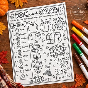 Thanksgiving Roll and Color Math Game | Fall Addition Worksheet (Digital Download)