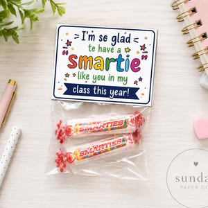 Könnte beinhalten: Ein durchsichtiger Plastikbeutel mit zwei Rollen Smarties-Bonbons, versehen mit einer weißen rechteckigen Karte mit bunten Sternen und dem Text: I'm so glad to have a smartie like you in my class this year! Die Karte hat ein dunkelblaues Banner.