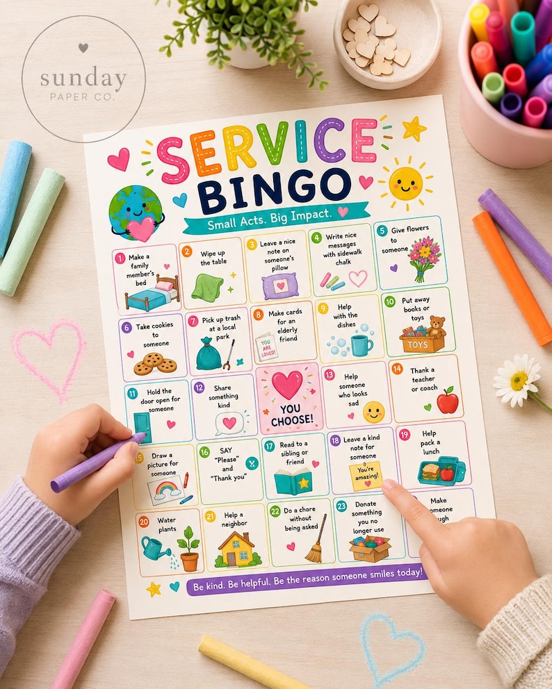 May include: A colourful "Service Bingo" game board with illustrations of kind acts in boxes. The board has text including "Small Acts. Big Impact." and "Be kind. Be helpful." A child's hand is drawing on the board with a purple marker.