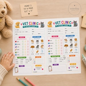 May include: A printable vet clinic patient chart featuring colorful illustrations of dogs and cats, with sections for pet details, check-up symptoms, treatment plans, and notes. The document includes the text 'VET CLINIC PATIENT CHART' and 'PRINT 2 TO A PAGE 8.5" x 11"'.
