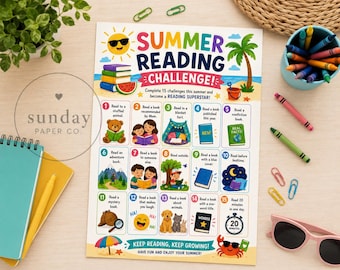 May include: A colorful "Summer Reading Challenge" poster with a beach theme. The poster includes illustrations of books, a sun, and a crab. It lists 15 reading challenges to complete. The text includes "Keep Reading, Keep Growing!" and "Have fun and enjoy your summer!"
