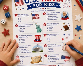Juego imprimible de preguntas y respuestas sobre Estados Unidos para niños / Actividad educativa patriótica para niños