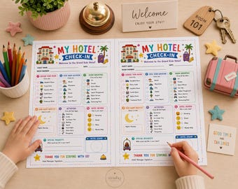 Utskrivbar låtsaslek för hotellincheckning för barn | Hotellreceptionsaktivitet | Dramatisk lek och resa | Hemundervisning i PDF-format