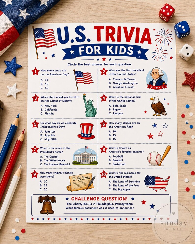 U.S. Trivia for Kids Printable Game | Patriotic Learning Activity for ...