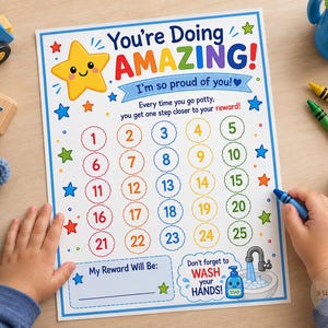 May include: A potty training reward chart featuring a yellow star, the text You're Doing AMAZING!, and a grid of numbers from 1 to 25. The chart includes a section for a reward and a reminder to wash hands with a soap dispenser and faucet graphic.