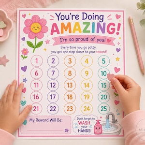 Op de afbeelding: Een beloningskaart voor zindelijkheidstraining met een roze bloem, de tekst You're Doing AMAZING! I'm so proud of you!, en een genummerd raster van 1 tot 25. De kaart bevat kleurrijke hartjes, sterren en een afbeelding van een wastafel.