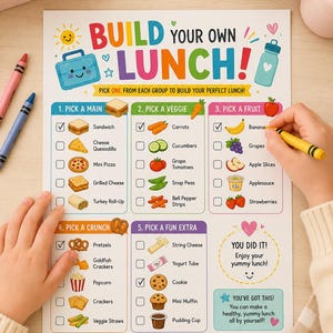 Könnte beinhalten: Eine farbenfrohe "Baue dein eigenes Mittagessen"-Tabelle mit Optionen für Hauptgericht, Gemüse, Obst, Knabbereien und Extras. Enthält ein ausgewähltes Sandwich, Karotten und Banane. Eine Kinderhand hält einen gelben Stift.