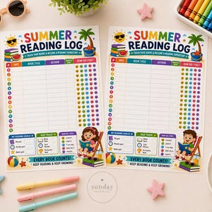 May include: Two colorful "Summer Reading Log" sheets with illustrations of a sun, books, and a beach scene. The sheets have sections for book titles, authors, and dates. The text reads "Track Your Books & Become a Reading Superstar!" and "Every Book Counts!"