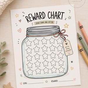 May include: A reward chart printed on white paper featuring a large illustrated glass jar filled with empty star outlines. The text reads REWARD CHART, you can do it!, and you're doing awesome! on a small tag. Includes lines for goal and reward.