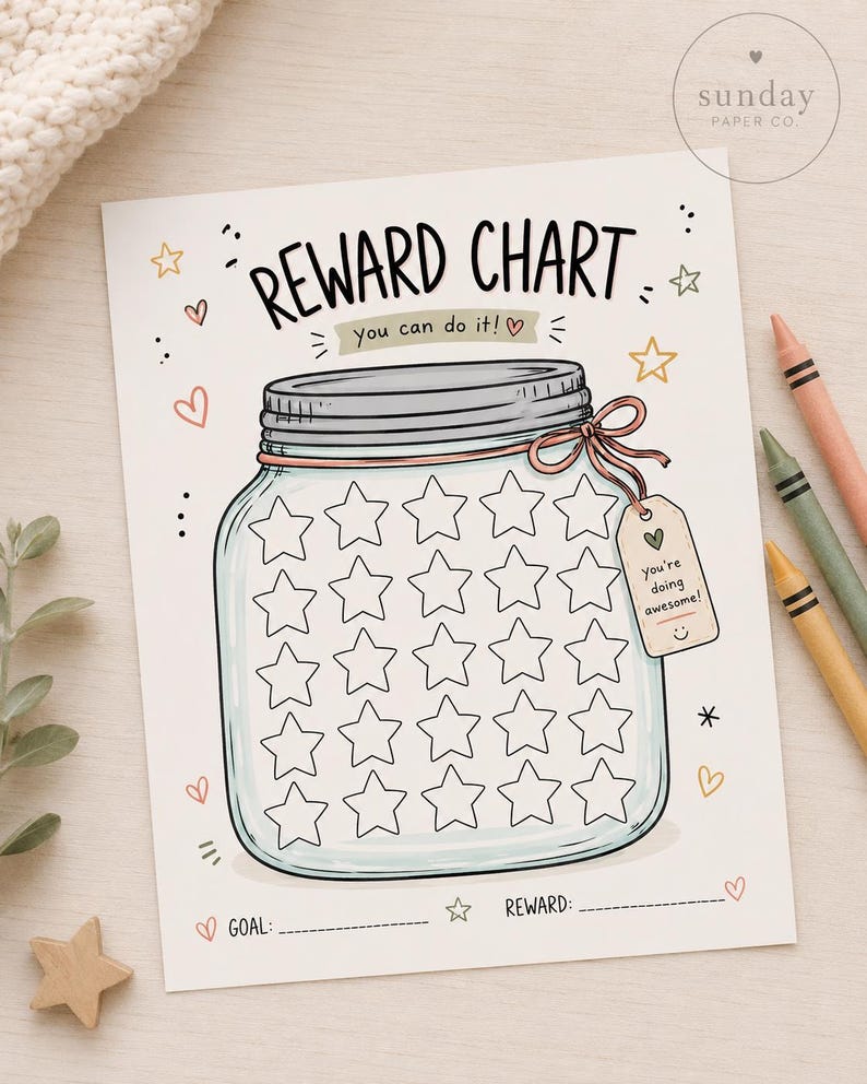 May include: A reward chart printed on white paper featuring a large illustrated glass jar filled with empty star outlines. The text reads REWARD CHART, you can do it!, and you're doing awesome! on a small tag. Includes lines for goal and reward.
