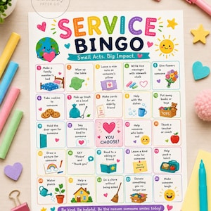 May include: A vibrant "Service Bingo" game board featuring small acts of kindness. The title is in colourful letters. The board includes prompts such as "Give flowers" and "Help with the dishes". The words "Small Acts. Big Impact" are also visible.