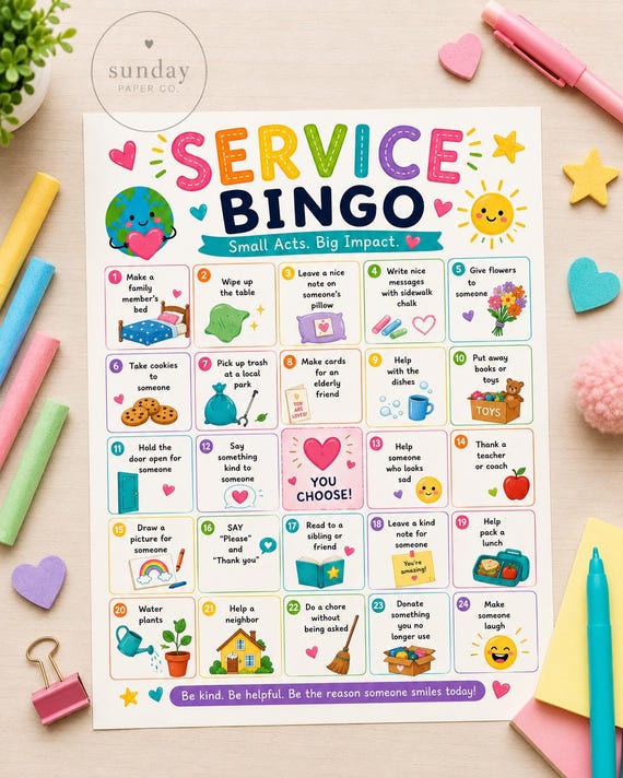 Kids Service Bingo Printable | Kindness Challenge, Family Activity (Digital Download)