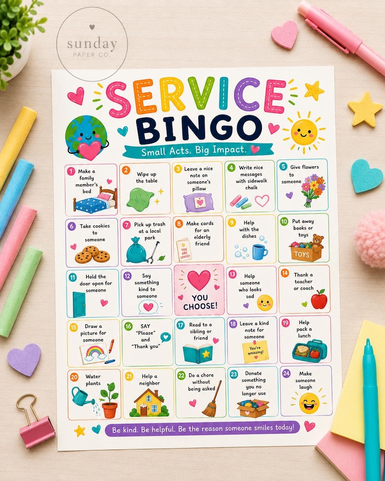 May include: A vibrant "Service Bingo" game board featuring small acts of kindness. The title is in colourful letters. The board includes prompts such as "Give flowers" and "Help with the dishes". The words "Small Acts. Big Impact" are also visible.