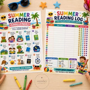 May include: Two colorful summer reading charts with the text "Summer Reading Challenge" and "Summer Reading Log". The challenge chart features illustrations of reading activities. The log chart has spaces to track books read. Crayons and sunglasses are scattered around.