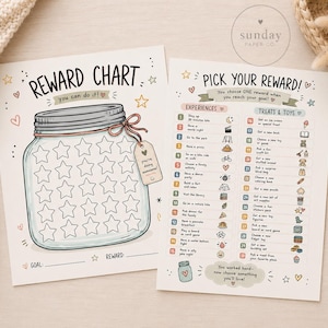May include: A printed reward chart and a pick your reward sheet. The reward chart features a large illustrated mason jar filled with empty stars and the text REWARD CHART you can do it. The pick your reward sheet lists numbered items.