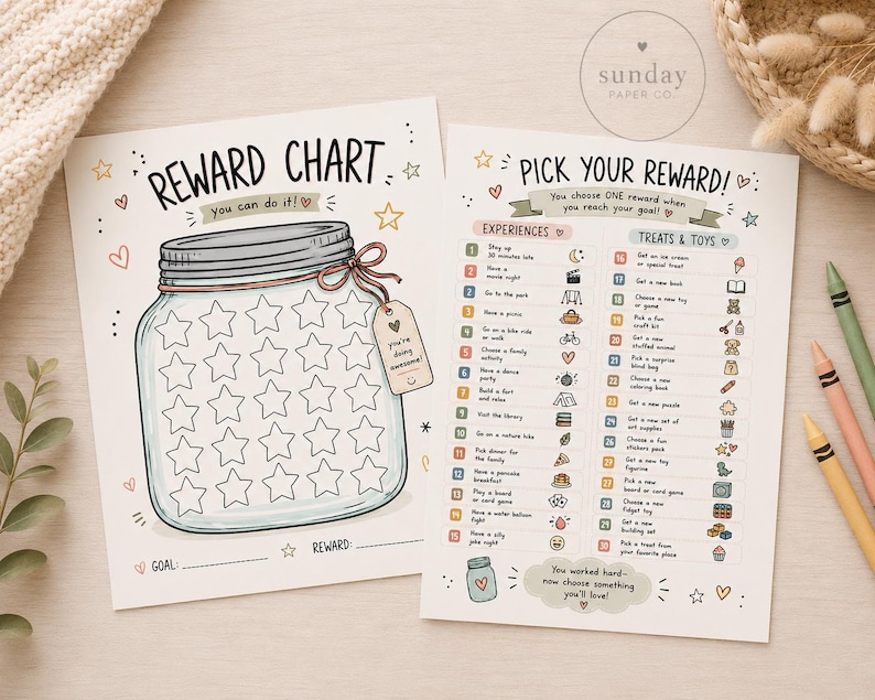 May include: A printed reward chart and a pick your reward sheet. The reward chart features a large illustrated mason jar filled with empty stars and the text REWARD CHART you can do it. The pick your reward sheet lists numbered items.