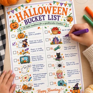 May include: A printed Halloween bucket list activity sheet featuring 14 numbered tasks with colorful illustrations of pumpkins, ghosts, and candy. The list includes text such as Carve or paint a pumpkin, Dress up in your Halloween costume, and Happy Haunting.