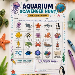 以下が含まれることがあります： クラゲ、サメ、タコなどの海洋生物のイラストがグリッド状に描かれた「Aquarium Scavenger Hunt」アクティビティシート。名前、日付の記入欄と、お気に入りの動物を描くためのセクションが含まれています。
