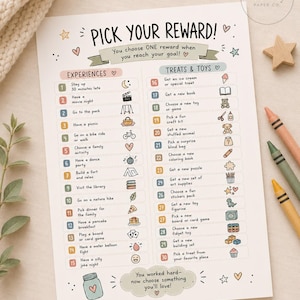 May include: A white paper reward chart titled PICK YOUR REWARD! featuring two columns labeled EXPERIENCES and TREATS & TOYS. The chart includes numbered rows with text descriptions and small colorful icons for various activities and items for children.