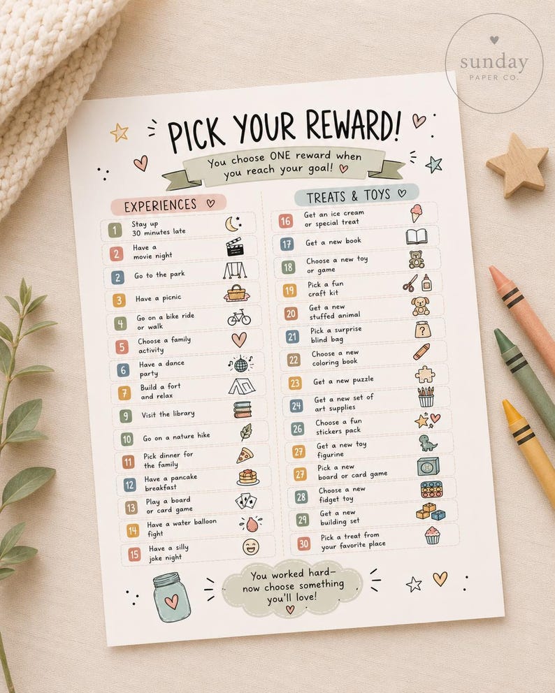 May include: A white paper reward chart titled PICK YOUR REWARD! featuring two columns labeled EXPERIENCES and TREATS & TOYS. The chart includes numbered rows with text descriptions and small colorful icons for various activities and items for children.