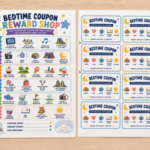 Può includere: Un foglio stampabile Bedtime Coupon Reward Shop e una pagina con otto buoni Bedtime Coupon individuali. Il grafico presenta righe colorate con icone di attività, mentre i buoni includono testo e piccole illustrazioni di snack e libri.