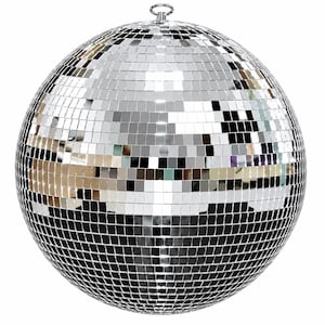 May include: A spherical disco ball covered in numerous small, square, reflective silver mirror tiles. The object features a circular metal hanging loop at the very top center, designed for suspension, and reflects surrounding light and colors.