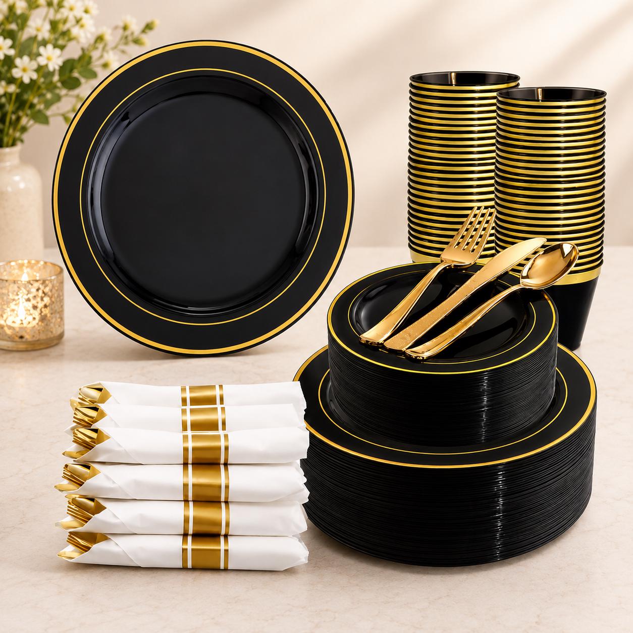 Black and gold dinner plate set