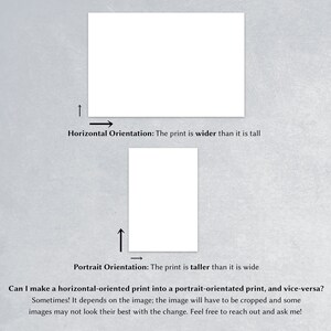 May include: Diagram showing the difference between horizontal and portrait print orientations. The text explains that a horizontal print is wider than it is tall, while a portrait print is taller than it is wide. The text also explains that it is possible to convert a horizontal print to a portrait print and vice versa, but that the image may need to be cropped and may not look its best after the change.