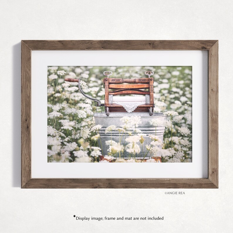 May include: An antique wooden clothes washing machine sits in a white flower field. The machine is labeled "Anchor Brand".