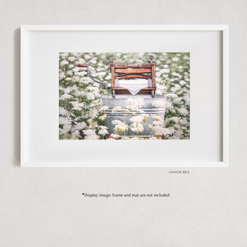 May include: A vintage wooden washing machine with a white cloth inside, sitting in a field of white flowers. The machine has the words "Anchor" and "Proud" printed on it.