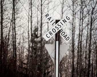 Railroad Crossing Sign Photography Print, Sign Photography, Railroad Crossing in the Woods, Winter Trees, Railway Sign, Train Decor