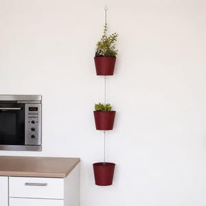 Op de afbeelding: Een verticaal hangend plantensysteem met drie donkerrode, taps toelopende cilindrische potten verbonden door zilverkleurige metalen kettingen. De bovenste twee potten bevatten kleine groene planten, terwijl de onderste pot leeg is.