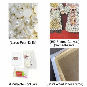 May include: Image showcasing components of a diamond painting kit. Includes large pearl drills, a printed canvas, a complete tool kit with various accessories, and a solid wood inner frame. The canvas is self-adhesive.