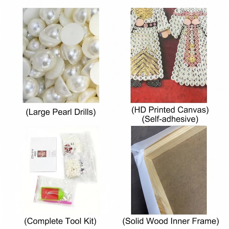 May include: Image showcasing components of a diamond painting kit. Includes large pearl drills, a printed canvas, a complete tool kit with various accessories, and a solid wood inner frame. The canvas is self-adhesive.