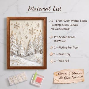 May include: A framed winter scene painting, 17cm x 22cm, with white beaded trees and snowflakes. Includes pre-sorted white beads, a picking pen tool, a bead tray, and a wax pad. The canvas is sticky, requiring no glue.