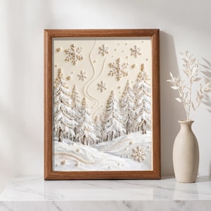 May include: A framed winter landscape art piece. The artwork features white, textured trees and snowflakes against a cream background. The frame is a warm brown color. The scene is decorated with pearl-like beads.