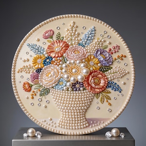 May include: A circular decorative plaque featuring a central vase filled with a bouquet of flowers, all crafted from white, pink, orange, blue, and purple pearls and rhinestones. The border is lined with pearls, and the background is cream.