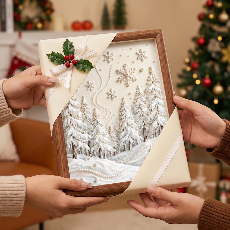 May include: A framed winter landscape scene with white snow-covered trees and snowflakes. The artwork is wrapped in cream-colored paper and tied with a white ribbon and holly. The frame is brown.