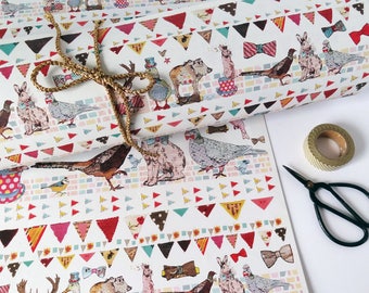 Gift Wrap, Quirky Eco Friendly Paper, British animals design, Recycled Wrapping Paper, Bowler hats & bow ties, British birds, Made in UK