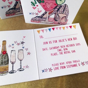 May include: A pink and white invitation with a colorful banner at the top. The invitation reads "Join us for Julie's Hen Do!" with the date, time, and location of the event. The invitation also includes a phone number for RSVP and a message from Stephanie.