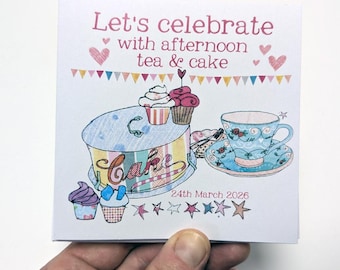 Personalised Birthday Party Invitations: Tea & Cake, Recycled Card Set