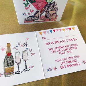 May include: A pink and white invitation card with a colorful bunting at the top. The text reads "Join us for Alice's Hen Do! Date: Saturday 10th October 2015 for a long weekend Place: Ibiza Please RSVP: 07695 781511 Love from Lucy Chief Bridesmaid X"