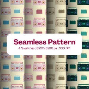 Può includere: Un motivo digitale senza cuciture che presenta quattro campioni di illustrazioni di boombox in vari schemi di colore, tra cui rosa, blu, verde e marrone. Il testo Seamless Pattern 4 Swatches | 3500x3500 px | 300 DPI è centrato su un riquadro bianco.