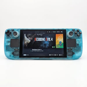 May include: A handheld gaming console with a translucent light blue shell. The screen displays the Resident Evil 4 game menu, featuring a character portrait, the game title, and a secondary game icon for A Short Hike, alongside system status icons.